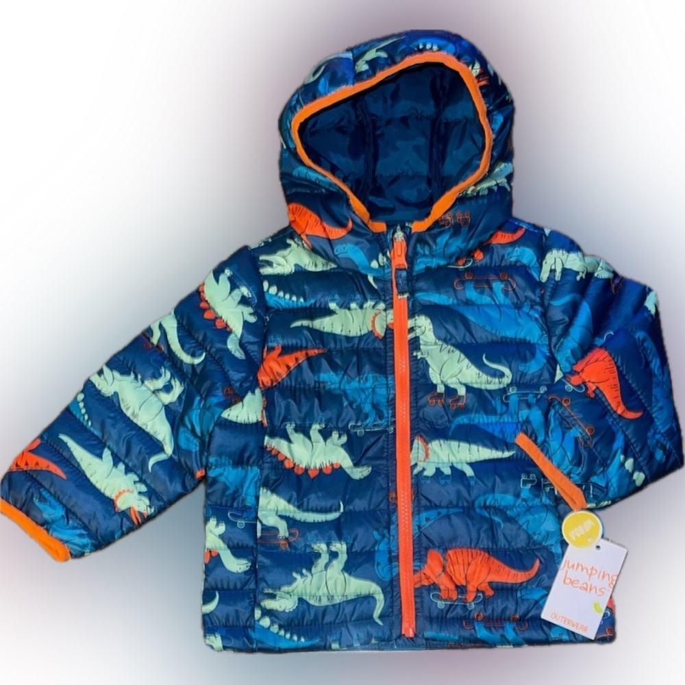 Jumping Beans Blue and Orange Dinosaur Lightweight Puffer Jacket 18M